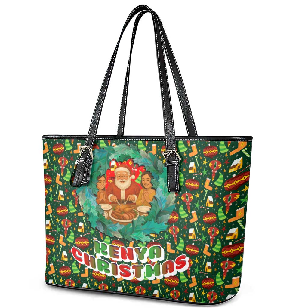 Kenya Christmas Leather Tote Bag with Santa Feast Scene and Festive Wreath Pattern - Wonder Print Shop