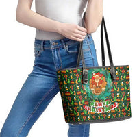 Kenya Christmas Leather Tote Bag with Santa Feast Scene and Festive Wreath Pattern - Wonder Print Shop