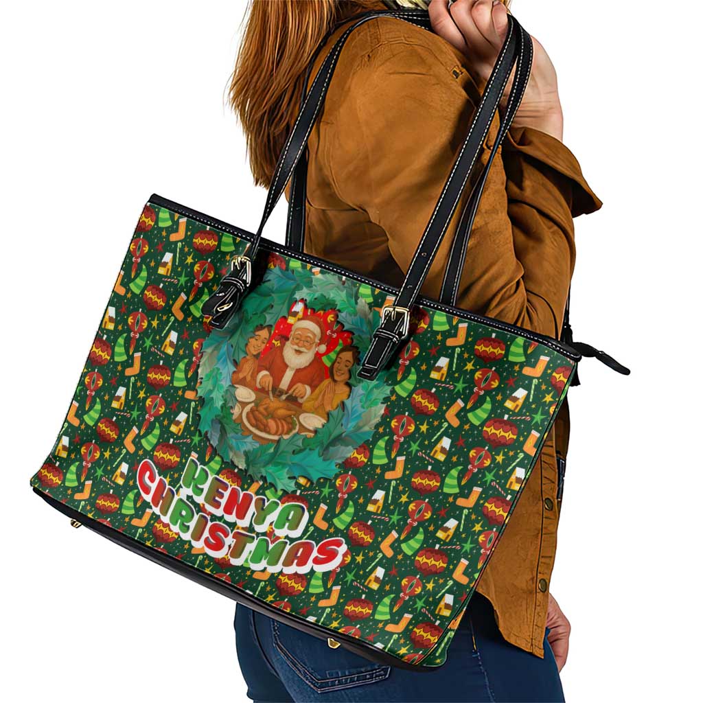 Kenya Christmas Leather Tote Bag with Santa Feast Scene and Festive Wreath Pattern - Wonder Print Shop