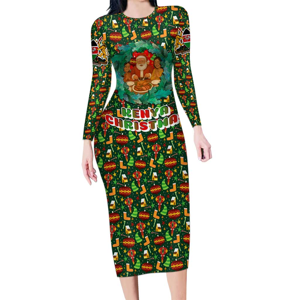 Kenya Christmas Long Sleeve Bodycon Dress with Santa Feast Scene and Festive Wreath Pattern - Wonder Print Shop