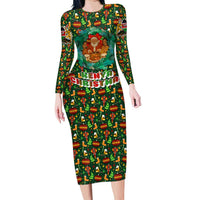 Kenya Christmas Long Sleeve Bodycon Dress with Santa Feast Scene and Festive Wreath Pattern - Wonder Print Shop