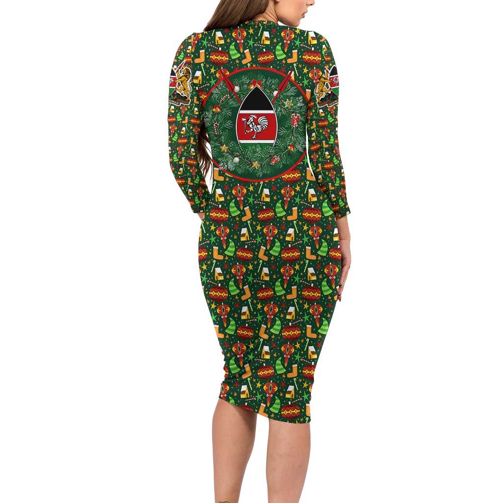 Kenya Christmas Long Sleeve Bodycon Dress with Santa Feast Scene and Festive Wreath Pattern - Wonder Print Shop