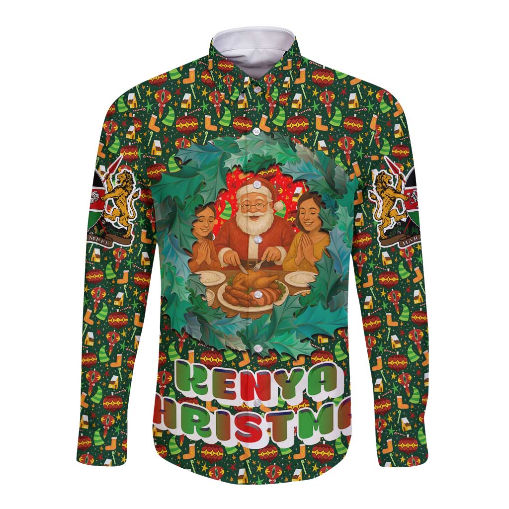Kenya Christmas Long Sleeve Button Shirt with Santa Feast Scene and Festive Wreath Pattern - Wonder Print Shop