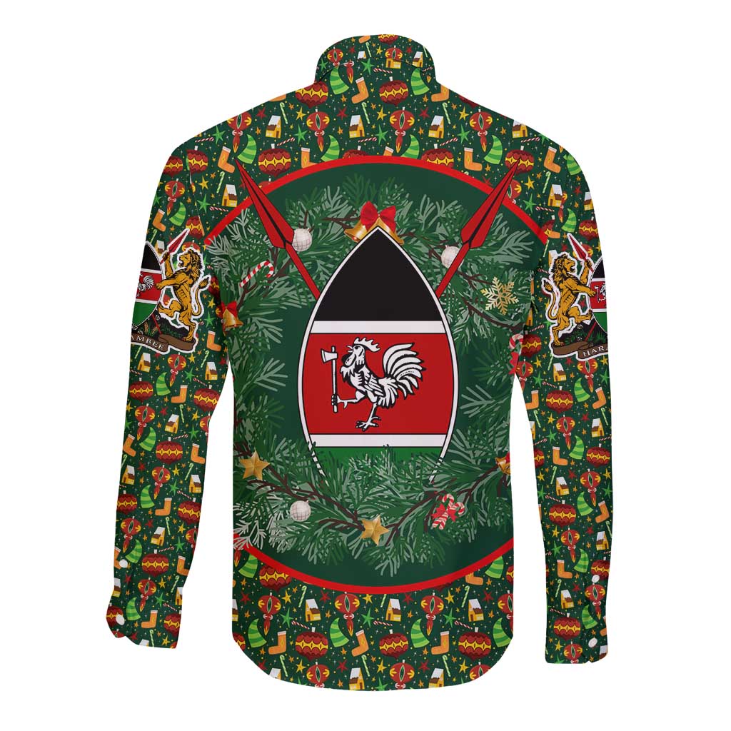 Kenya Christmas Long Sleeve Button Shirt with Santa Feast Scene and Festive Wreath Pattern - Wonder Print Shop