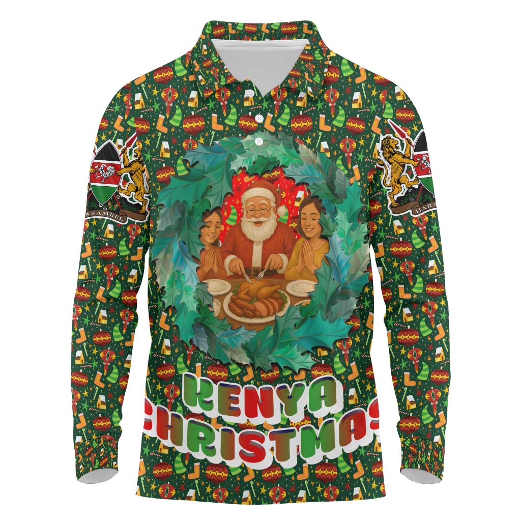 Kenya Christmas Long Sleeve Polo Shirt with Santa Feast Scene and Festive Wreath Pattern - Wonder Print Shop