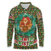 Kenya Christmas Long Sleeve Polo Shirt with Santa Feast Scene and Festive Wreath Pattern - Wonder Print Shop