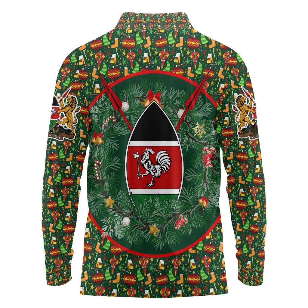 Kenya Christmas Long Sleeve Polo Shirt with Santa Feast Scene and Festive Wreath Pattern - Wonder Print Shop