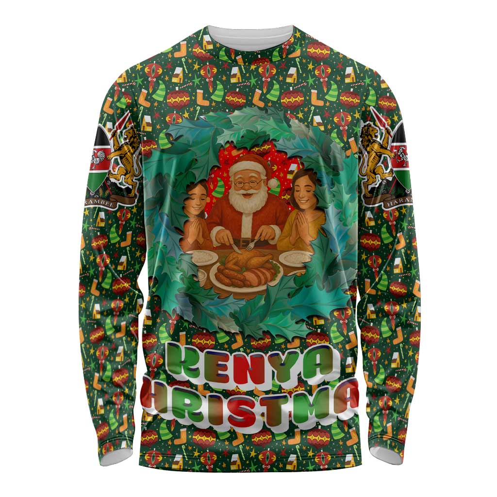 Kenya Christmas Long Sleeve Shirt with Santa Feast Scene and Festive Wreath Pattern - Wonder Print Shop