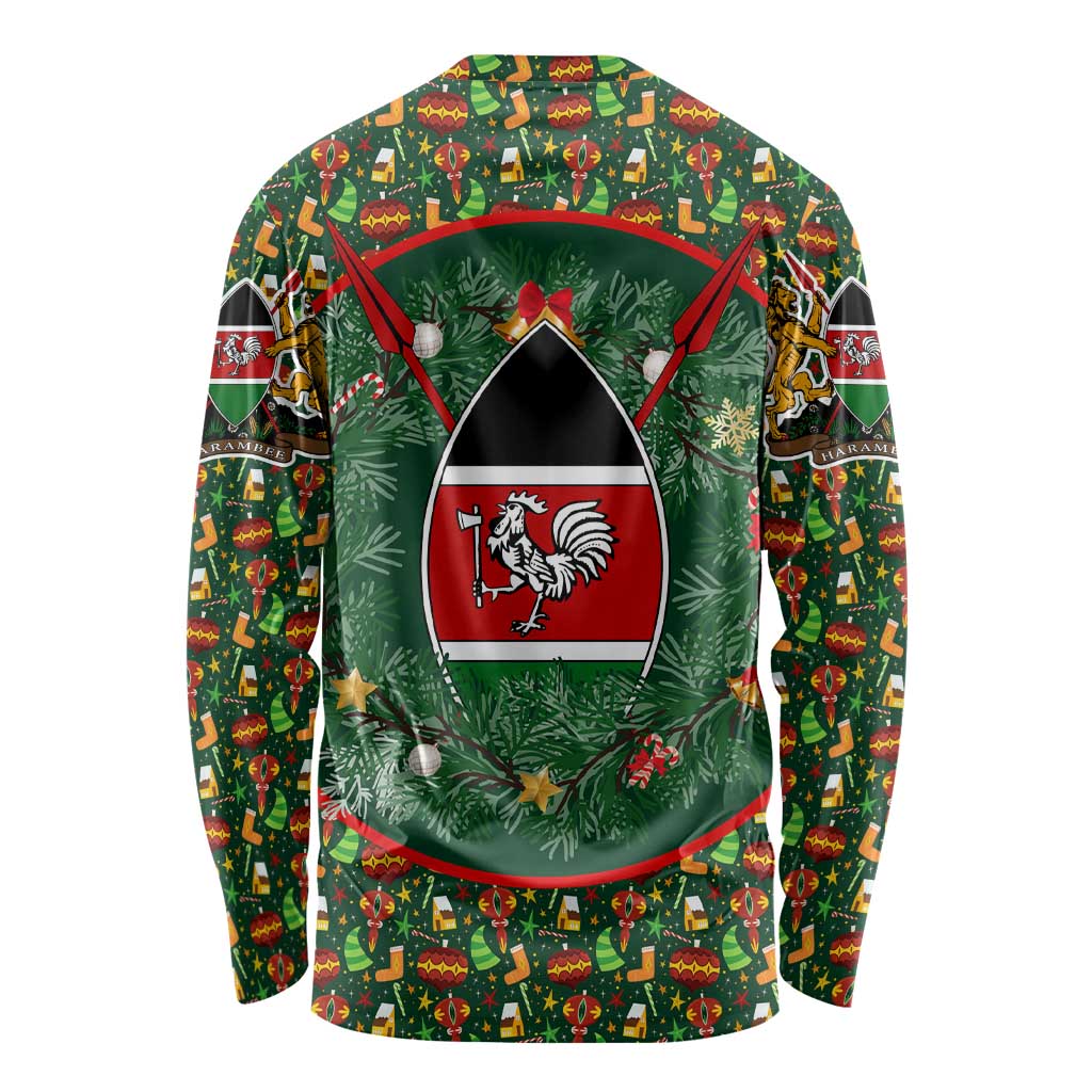 Kenya Christmas Long Sleeve Shirt with Santa Feast Scene and Festive Wreath Pattern - Wonder Print Shop