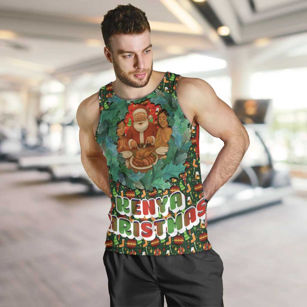 Kenya Christmas Men Tank Top with Santa Feast Scene and Festive Wreath Pattern - Wonder Print Shop