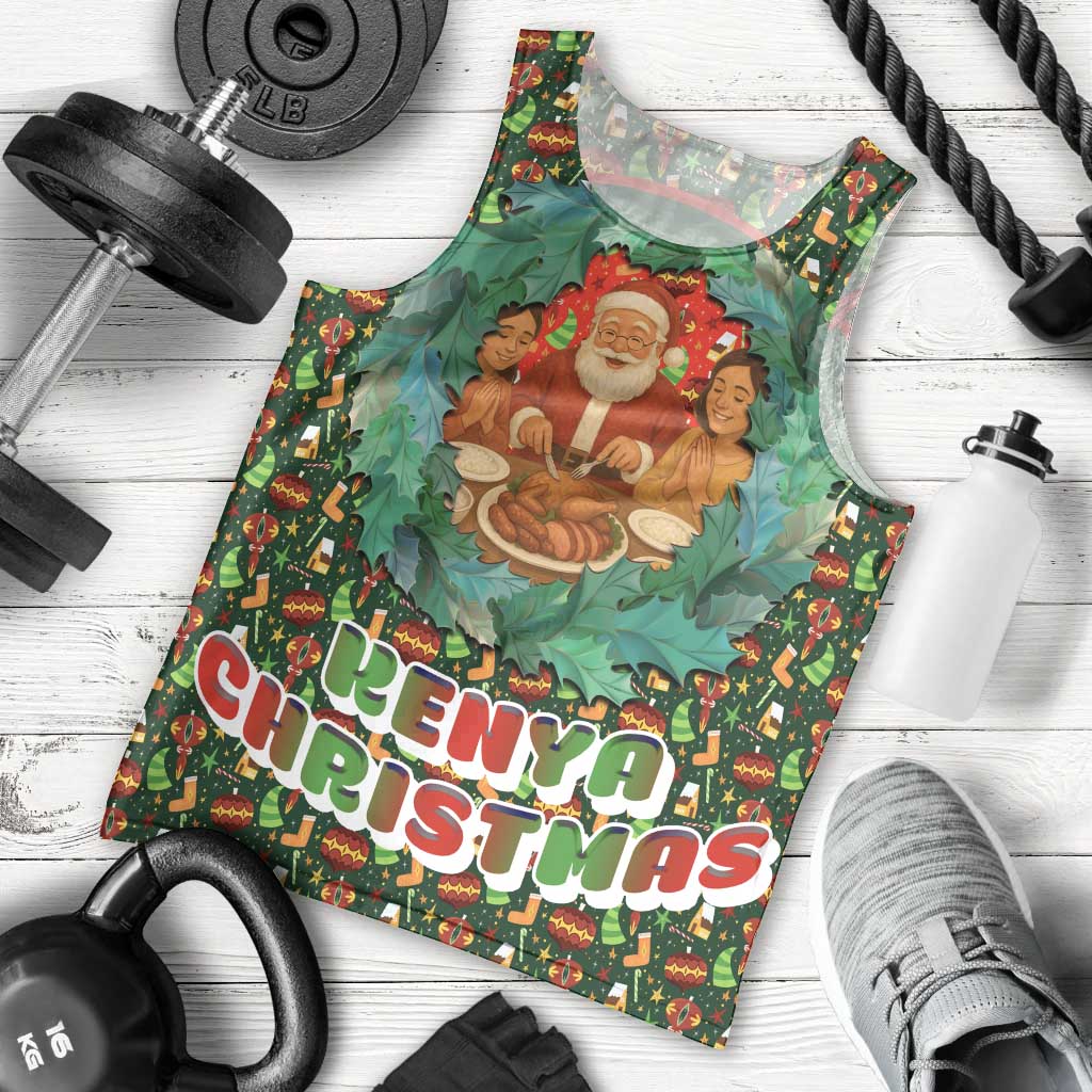 Kenya Christmas Men Tank Top with Santa Feast Scene and Festive Wreath Pattern - Wonder Print Shop