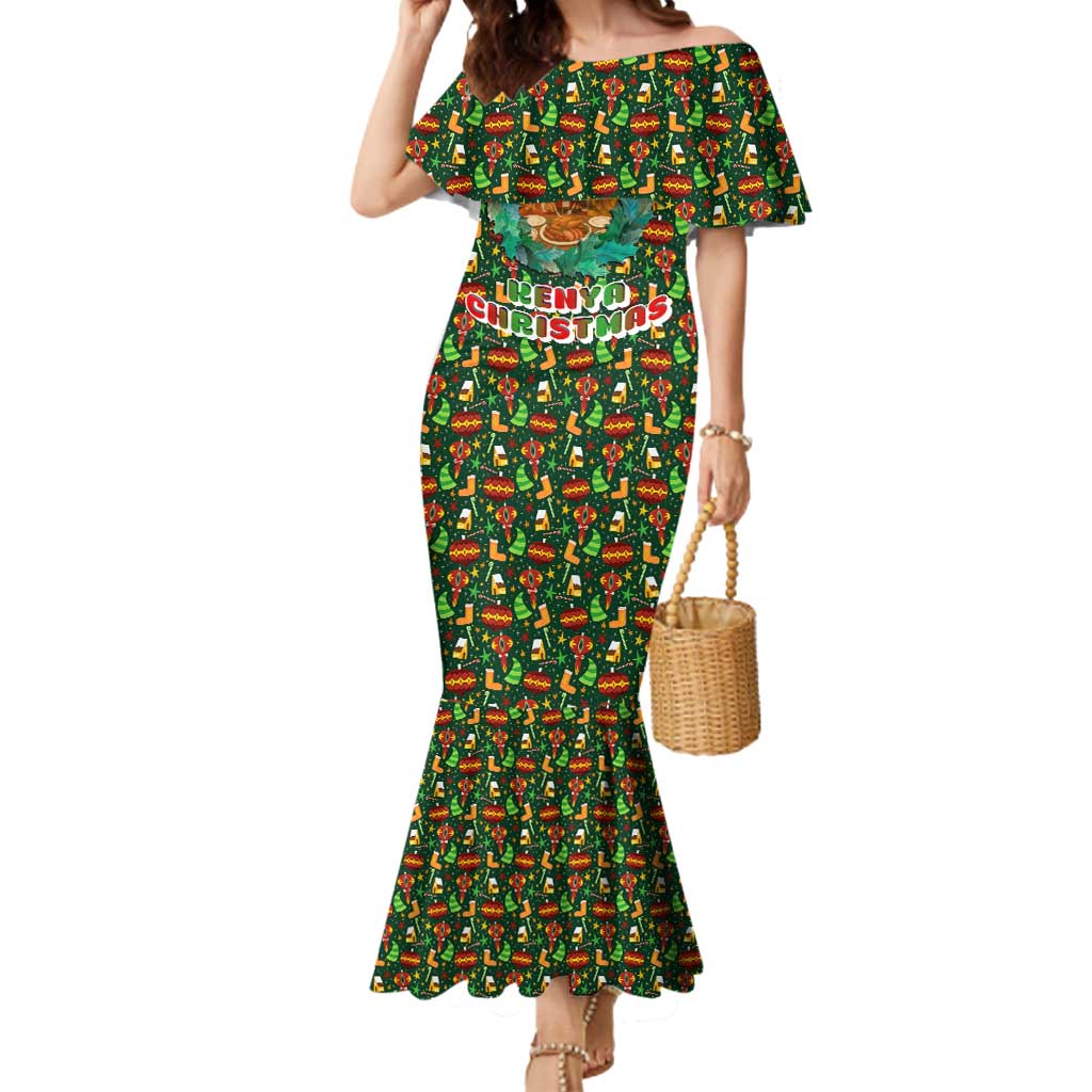 Kenya Christmas Mermaid Dress with Santa Feast Scene and Festive Wreath Pattern - Wonder Print Shop