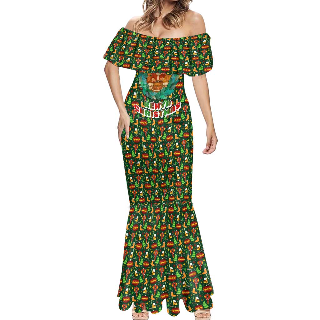 Kenya Christmas Mermaid Dress with Santa Feast Scene and Festive Wreath Pattern - Wonder Print Shop
