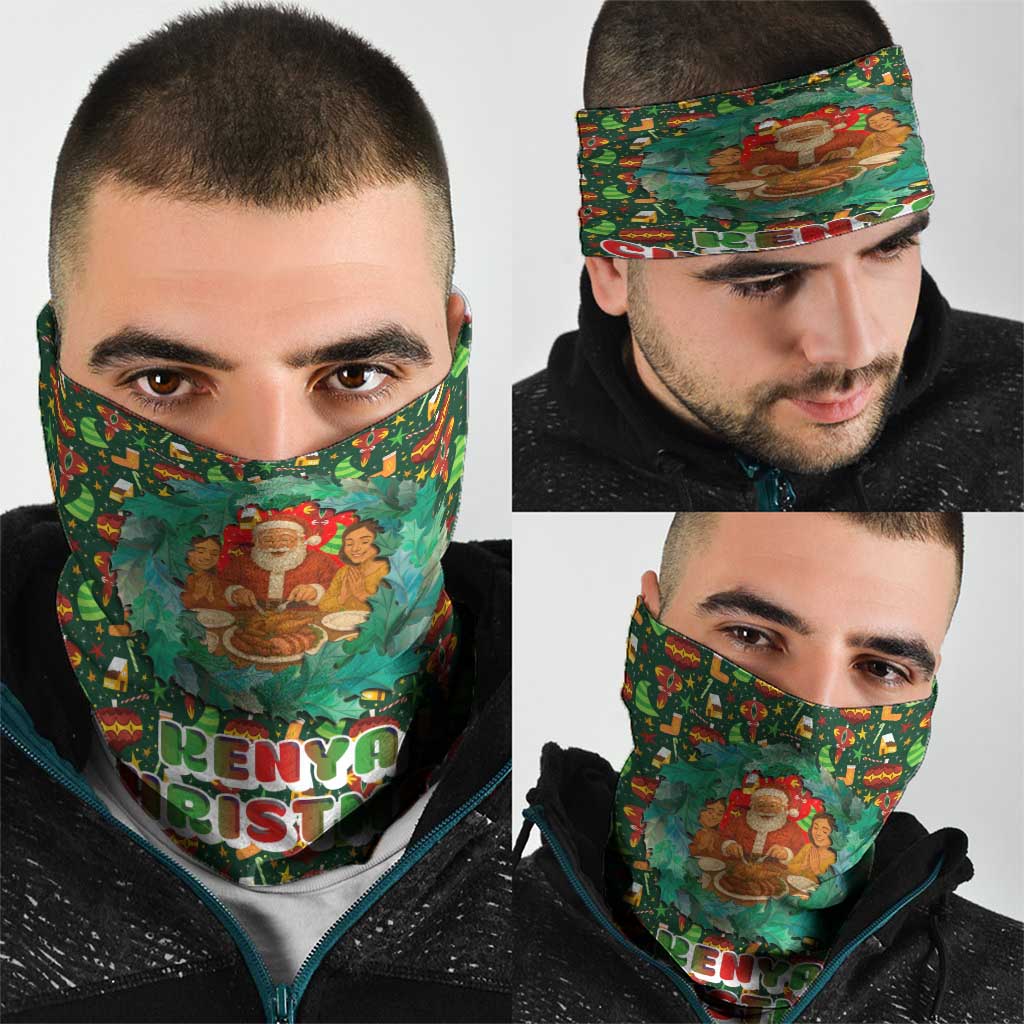 Kenya Christmas Neck Gaiter with Santa Feast Scene and Festive Wreath Pattern - Wonder Print Shop