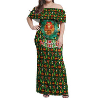Kenya Christmas Off Shoulder Maxi Dress with Santa Feast Scene and Festive Wreath Pattern - Wonder Print Shop