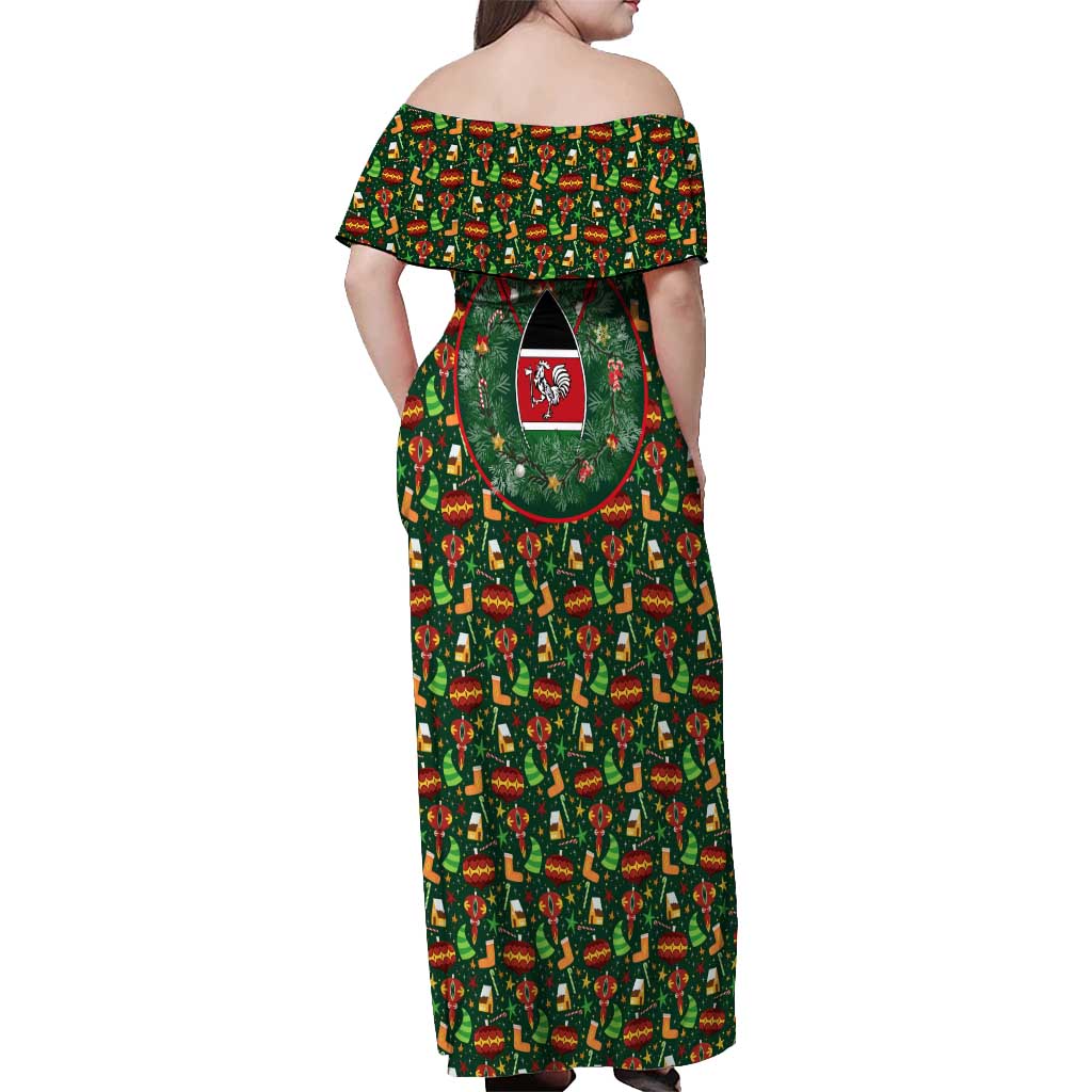 Kenya Christmas Off Shoulder Maxi Dress with Santa Feast Scene and Festive Wreath Pattern - Wonder Print Shop