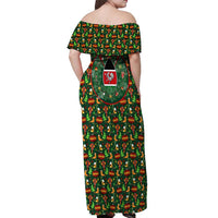 Kenya Christmas Off Shoulder Maxi Dress with Santa Feast Scene and Festive Wreath Pattern - Wonder Print Shop