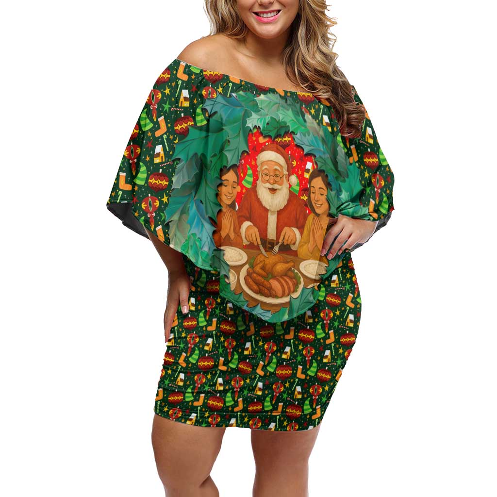 Kenya Christmas Off Shoulder Short Dress with Santa Feast Scene and Festive Wreath Pattern - Wonder Print Shop