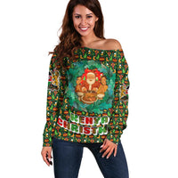 Kenya Christmas Off Shoulder Sweater with Santa Feast Scene and Festive Wreath Pattern - Wonder Print Shop