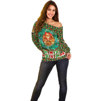 Kenya Christmas Off Shoulder Sweater with Santa Feast Scene and Festive Wreath Pattern - Wonder Print Shop
