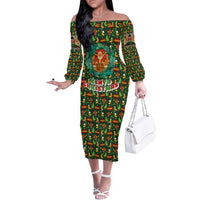 Kenya Christmas Off The Shoulder Long Sleeve Dress with Santa Feast Scene and Festive Wreath Pattern - Wonder Print Shop