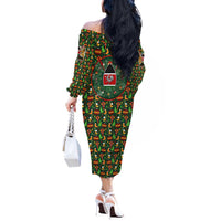 Kenya Christmas Off The Shoulder Long Sleeve Dress with Santa Feast Scene and Festive Wreath Pattern - Wonder Print Shop