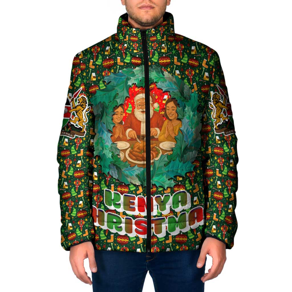 Kenya Christmas Padded Jacket with Santa Feast Scene and Festive Wreath Pattern - Wonder Print Shop