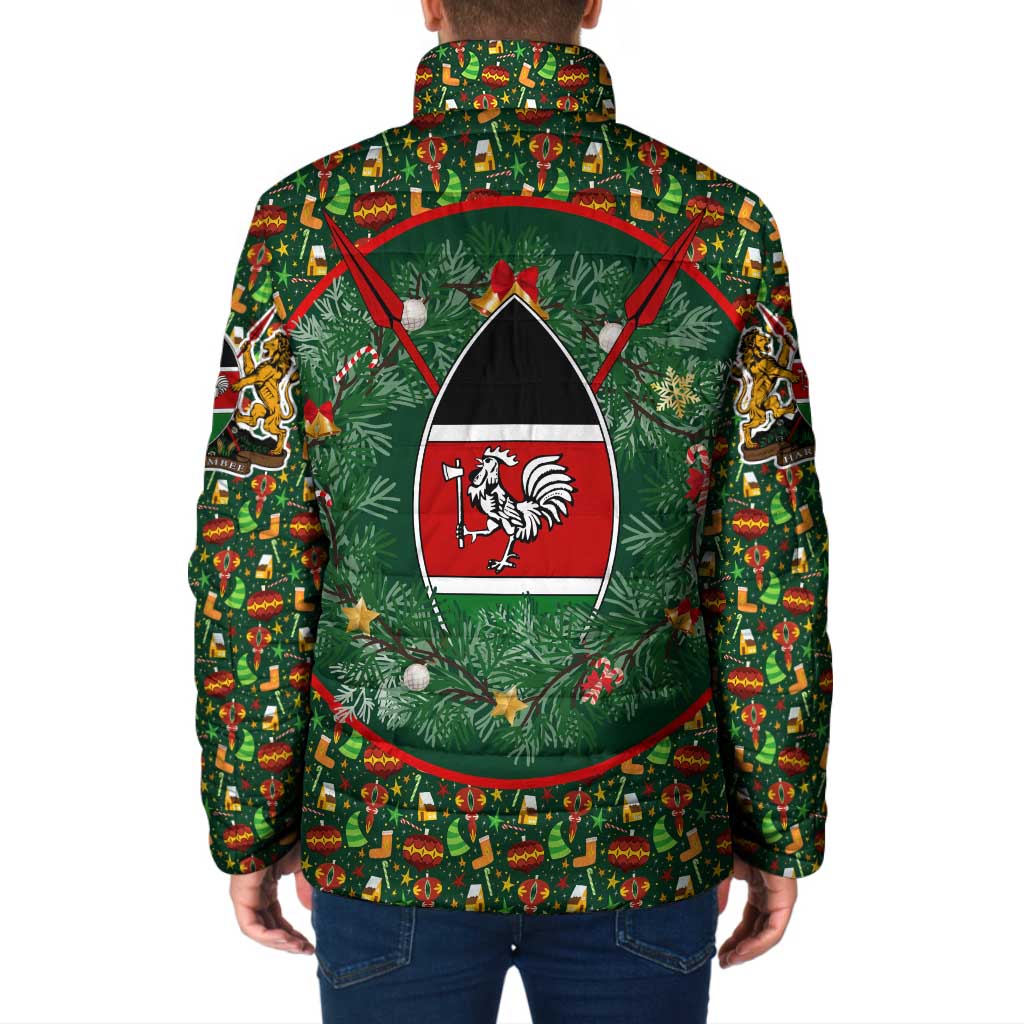 Kenya Christmas Padded Jacket with Santa Feast Scene and Festive Wreath Pattern - Wonder Print Shop