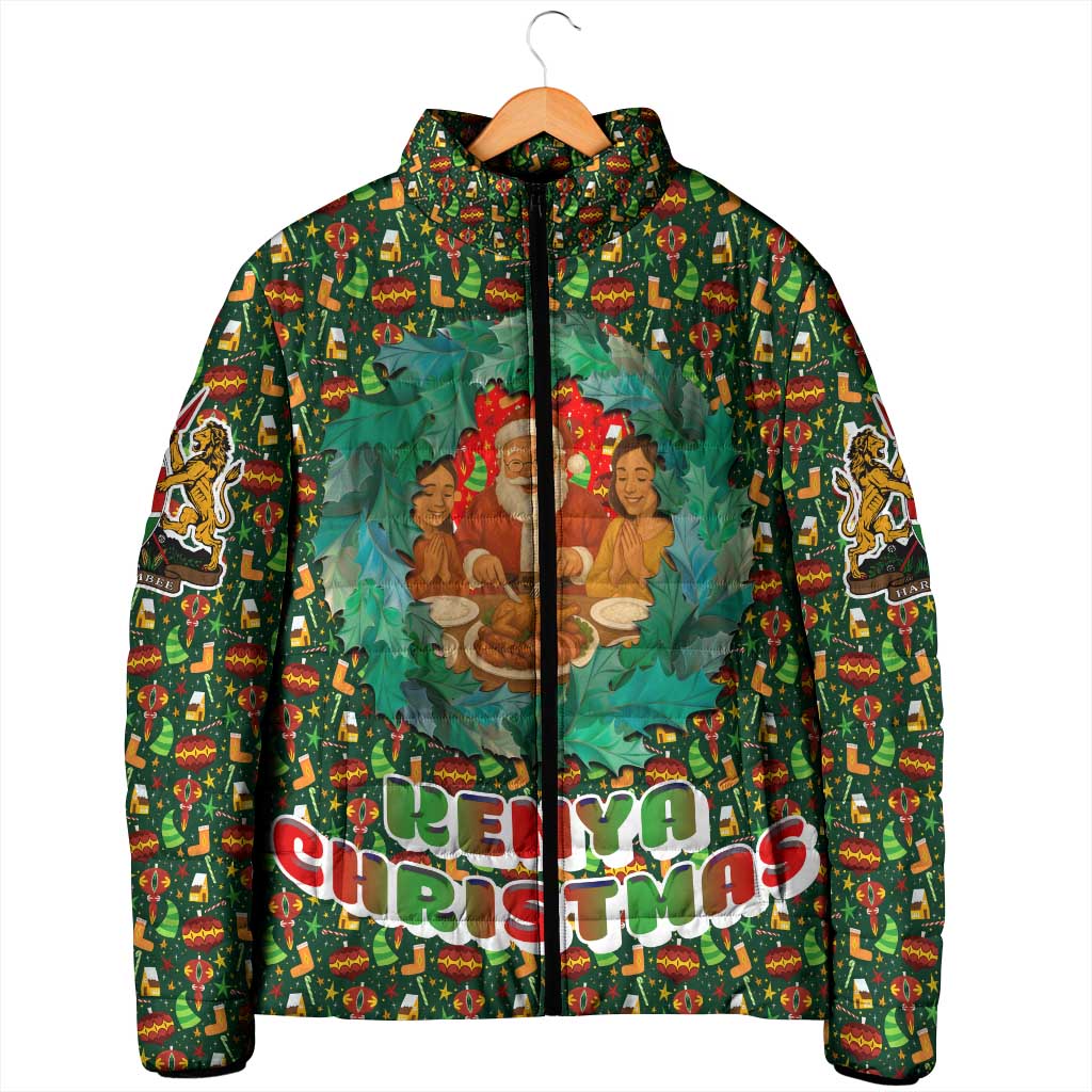 Kenya Christmas Padded Jacket with Santa Feast Scene and Festive Wreath Pattern - Wonder Print Shop