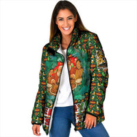 Kenya Christmas Padded Jacket with Santa Feast Scene and Festive Wreath Pattern - Wonder Print Shop