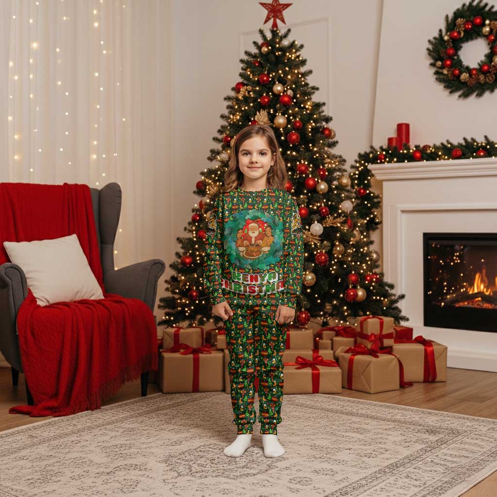 Kenya Christmas Pajama Set with Santa Feast Scene and Festive Wreath Pattern - Wonder Print Shop
