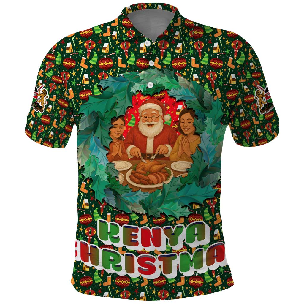 Kenya Christmas Polo Shirt with Santa Feast Scene and Festive Wreath Pattern - Wonder Print Shop