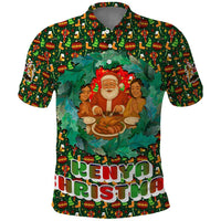 Kenya Christmas Polo Shirt with Santa Feast Scene and Festive Wreath Pattern - Wonder Print Shop