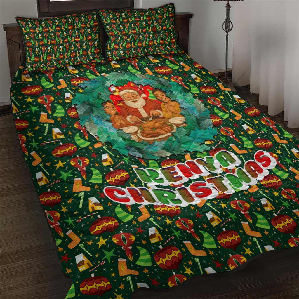 Kenya Christmas Quilt Bed Set with Santa Feast Scene and Festive Wreath Pattern - Wonder Print Shop
