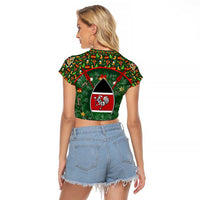 Kenya Christmas Raglan Cropped T Shirt with Santa Feast Scene and Festive Wreath Pattern - Wonder Print Shop
