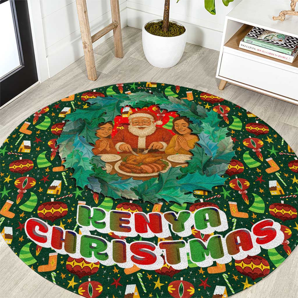 Kenya Christmas Round Carpet with Santa Feast Scene and Festive Wreath Pattern - Wonder Print Shop