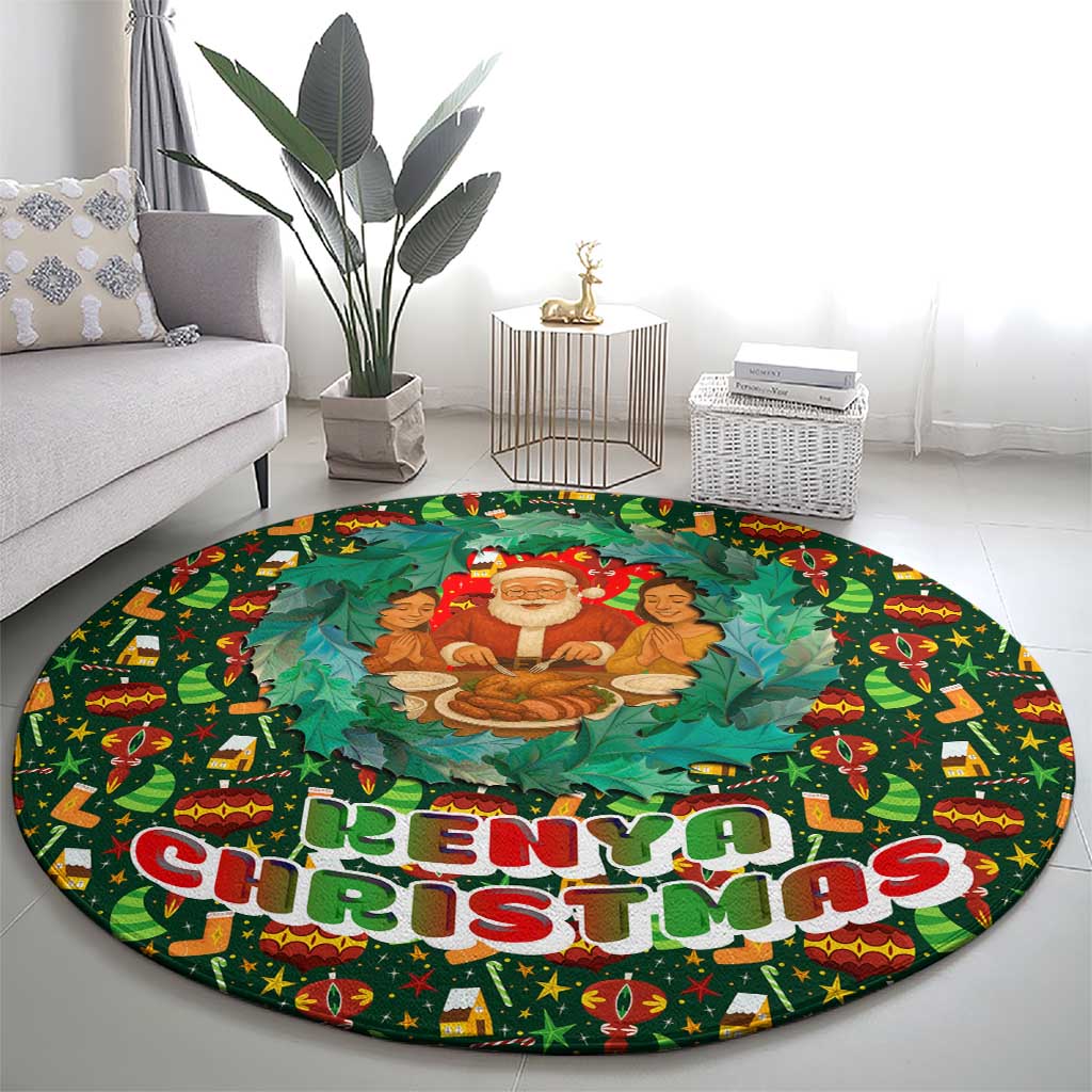 Kenya Christmas Round Carpet with Santa Feast Scene and Festive Wreath Pattern - Wonder Print Shop