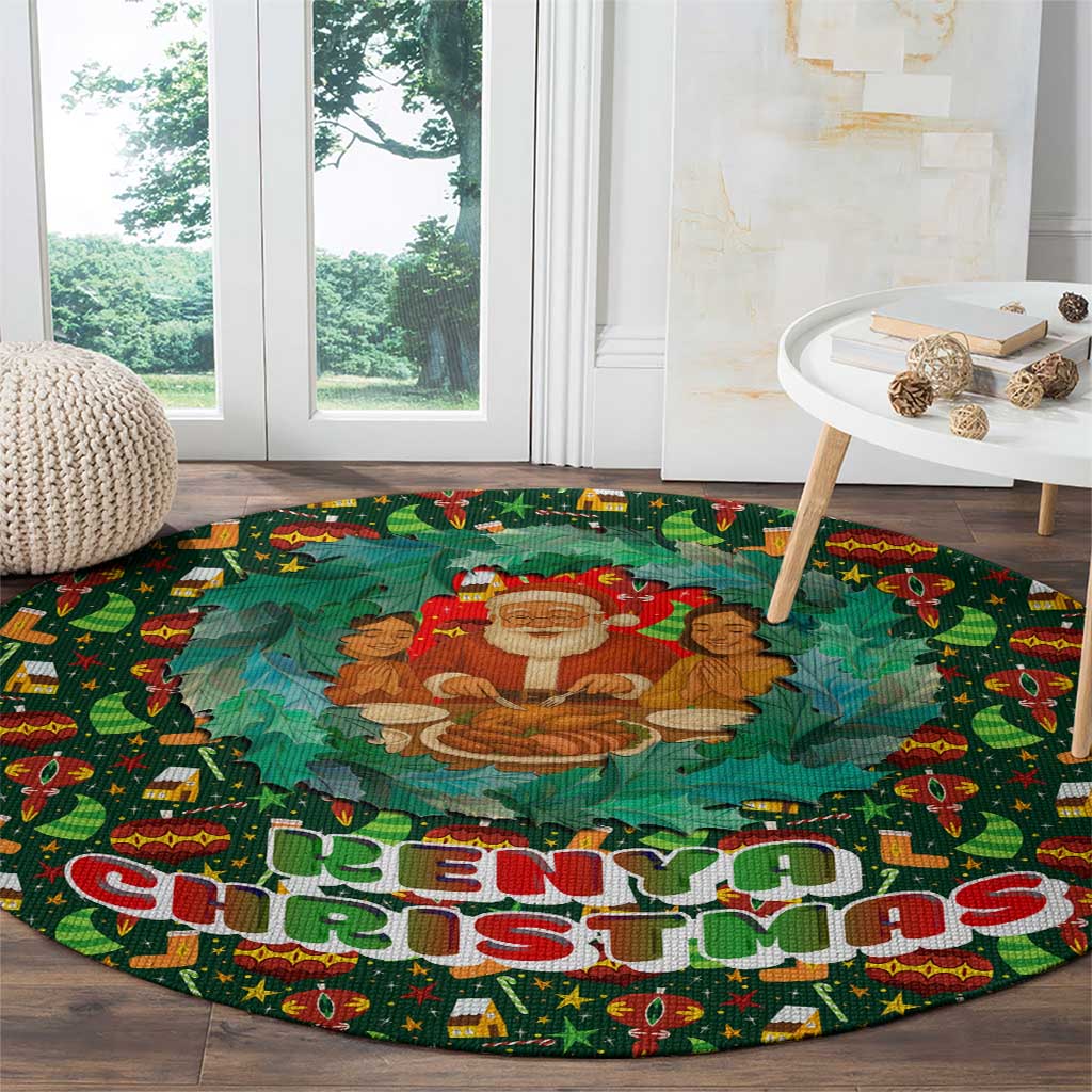 Kenya Christmas Round Carpet with Santa Feast Scene and Festive Wreath Pattern - Wonder Print Shop