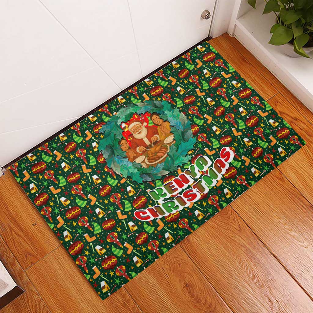 Kenya Christmas Rubber Doormat with Santa Feast Scene and Festive Wreath Pattern - Wonder Print Shop