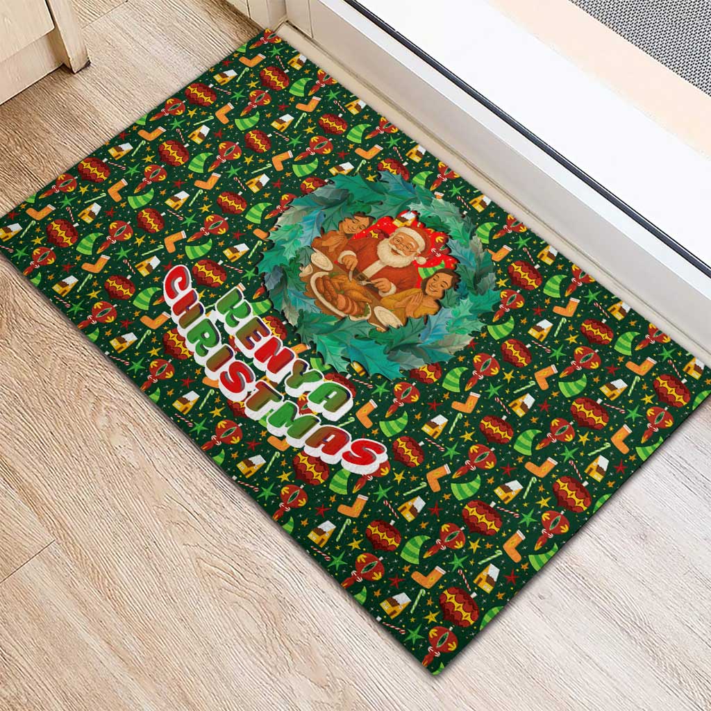 Kenya Christmas Rubber Doormat with Santa Feast Scene and Festive Wreath Pattern - Wonder Print Shop