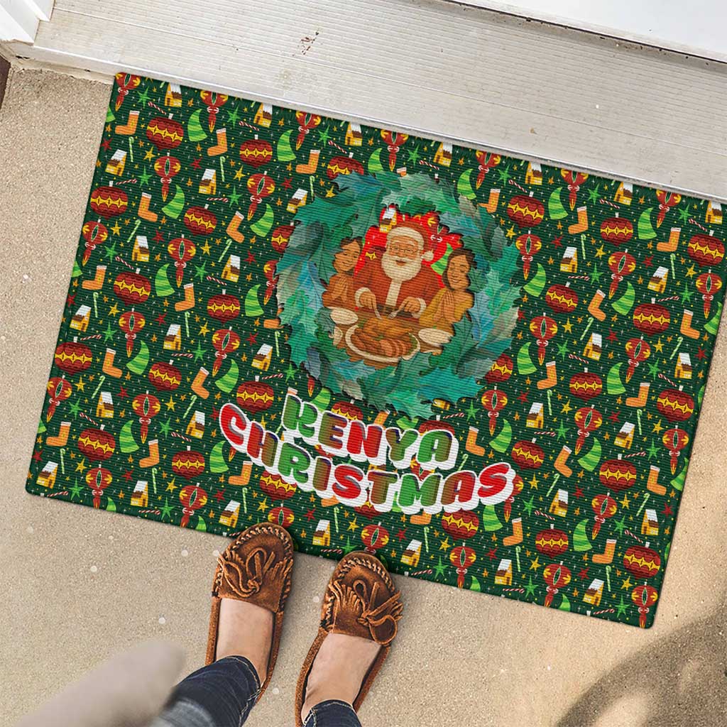 Kenya Christmas Rubber Doormat with Santa Feast Scene and Festive Wreath Pattern - Wonder Print Shop