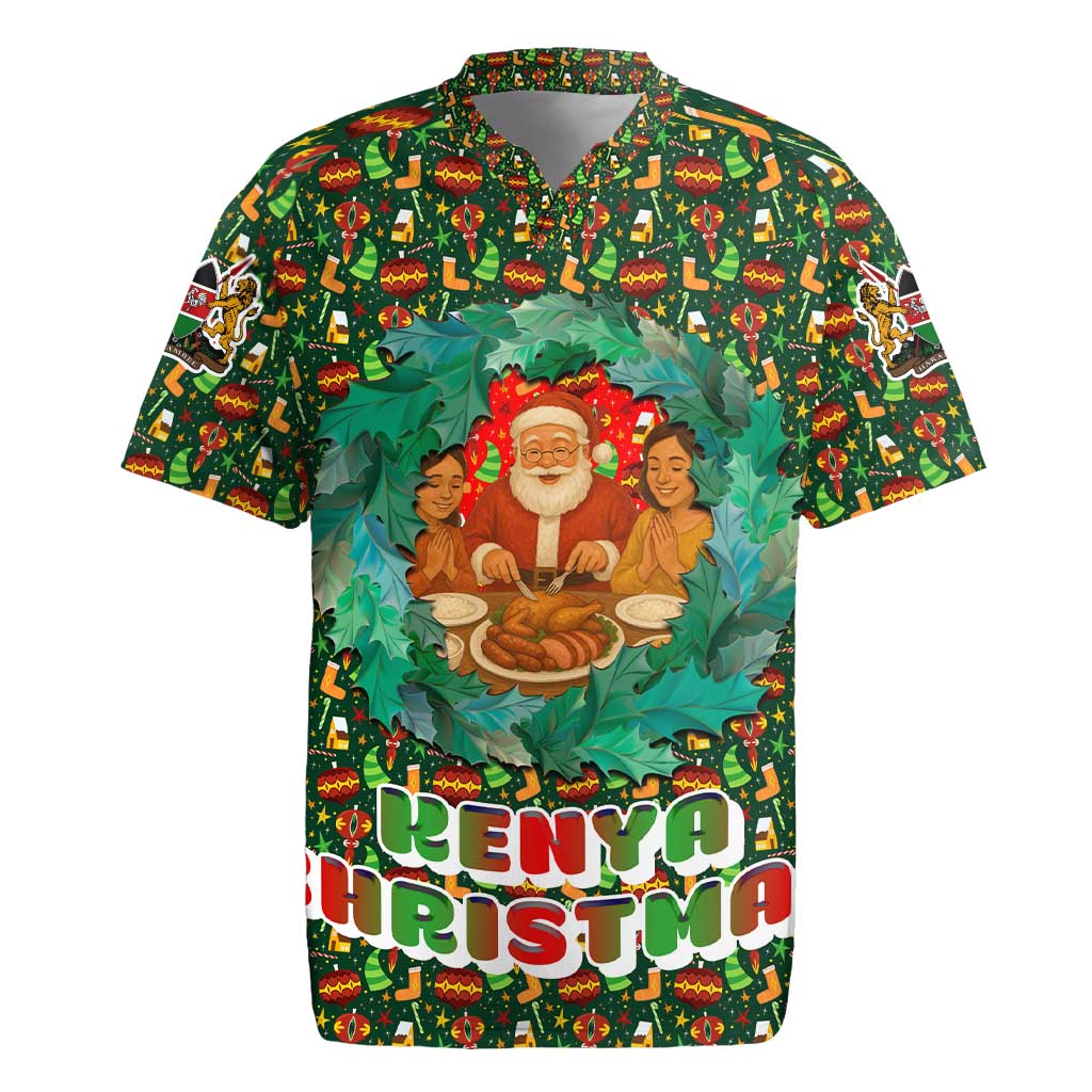 Kenya Christmas Rugby Jersey with Santa Feast Scene and Festive Wreath Pattern - Wonder Print Shop