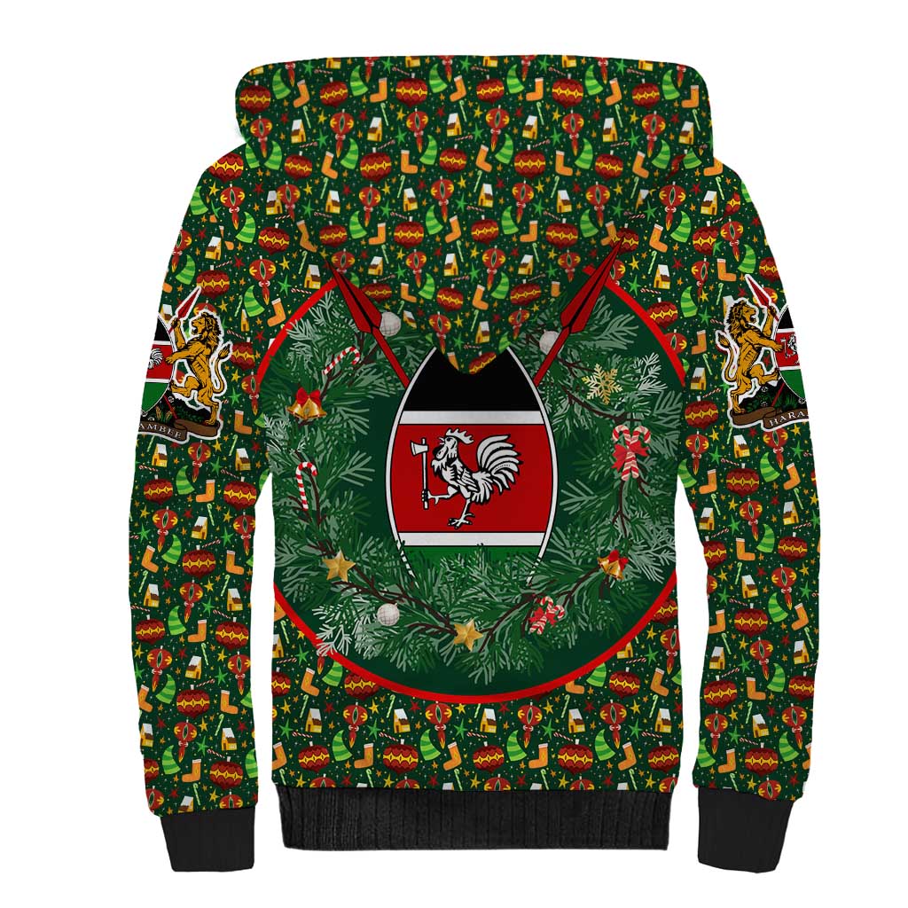 Kenya Christmas Sherpa Hoodie with Santa Feast Scene and Festive Wreath Pattern - Wonder Print Shop