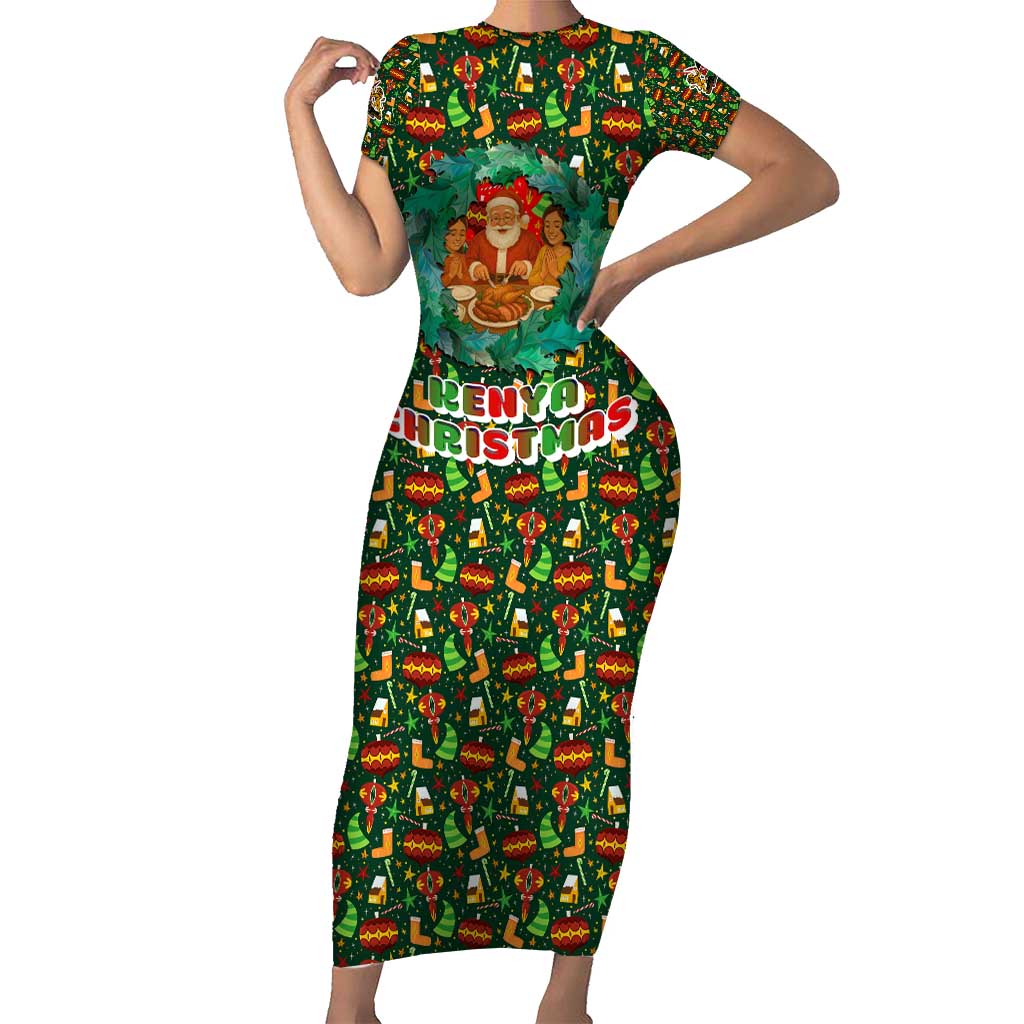 Kenya Christmas Short Sleeve Bodycon Dress with Santa Feast Scene and Festive Wreath Pattern - Wonder Print Shop