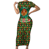 Kenya Christmas Short Sleeve Bodycon Dress with Santa Feast Scene and Festive Wreath Pattern - Wonder Print Shop