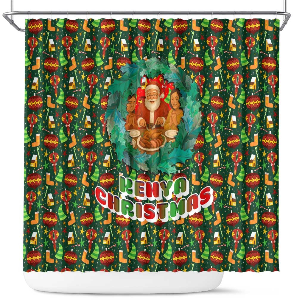 Kenya Christmas Shower Curtain with Santa Feast Scene and Festive Wreath Pattern - Wonder Print Shop