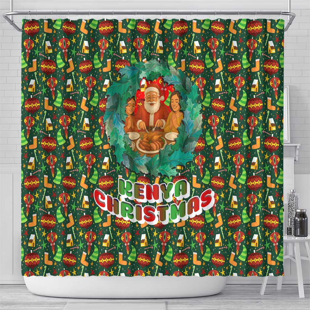 Kenya Christmas Shower Curtain with Santa Feast Scene and Festive Wreath Pattern - Wonder Print Shop