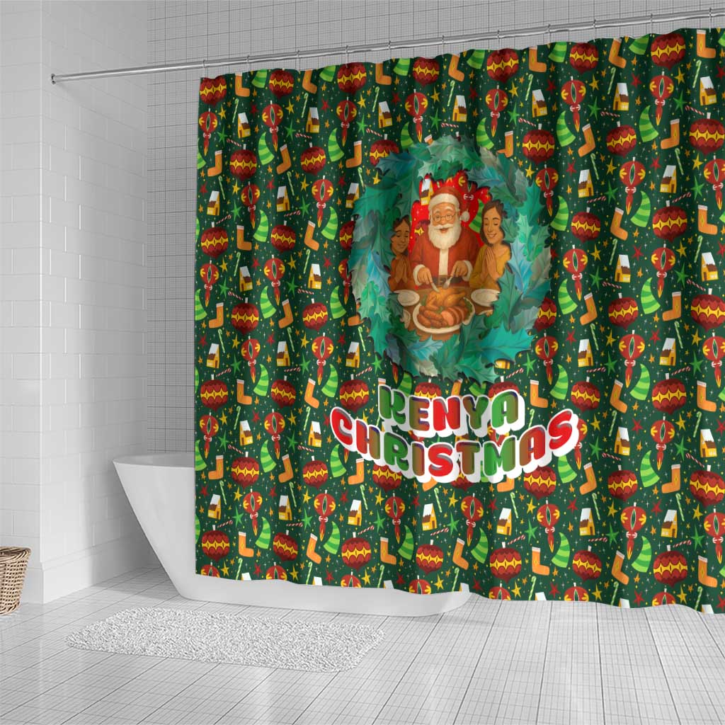 Kenya Christmas Shower Curtain with Santa Feast Scene and Festive Wreath Pattern - Wonder Print Shop