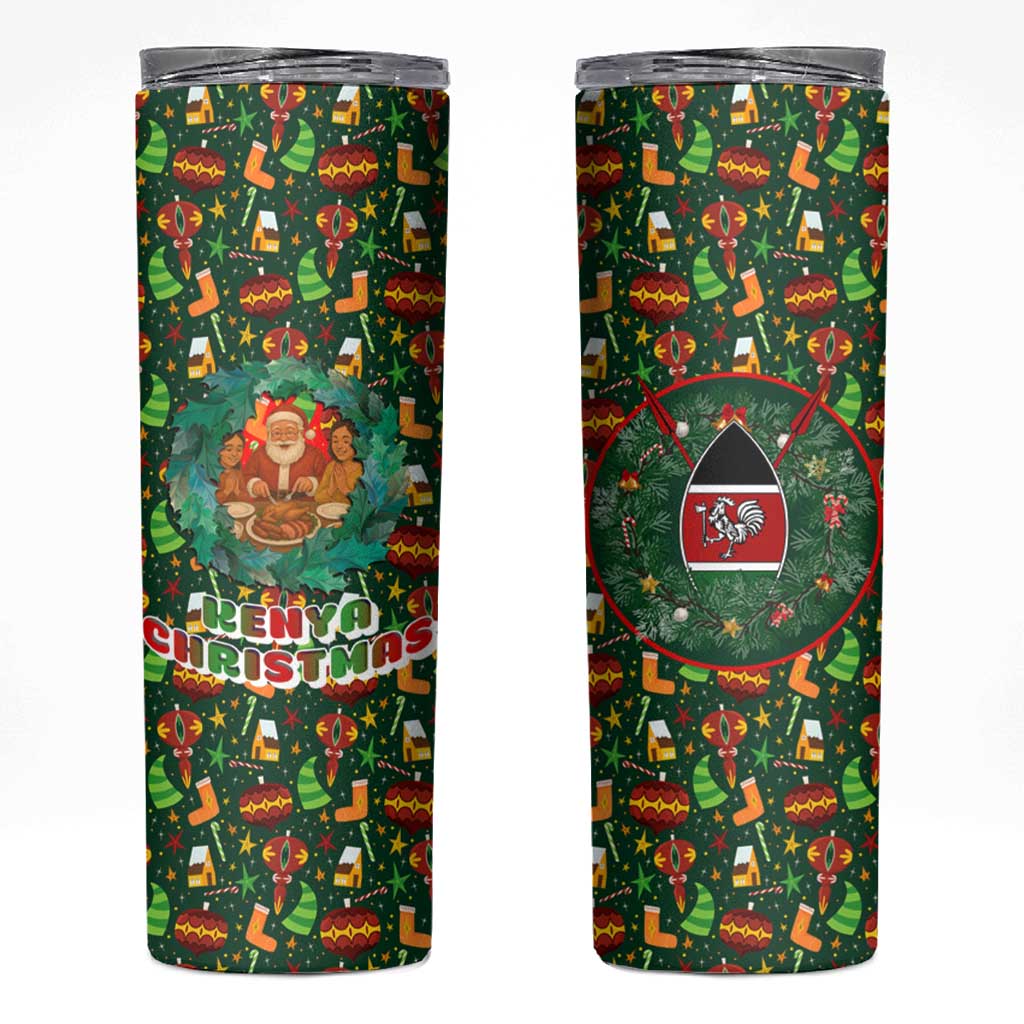 Kenya Christmas Skinny Tumbler with Santa Feast Scene and Festive Wreath Pattern - Wonder Print Shop