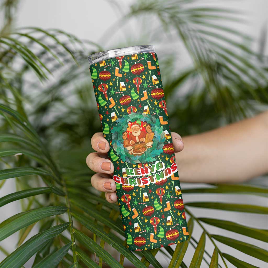 Kenya Christmas Skinny Tumbler with Santa Feast Scene and Festive Wreath Pattern - Wonder Print Shop
